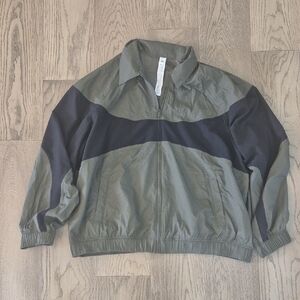 Olive Green and Black Zip Front Windbreaker Jacket
